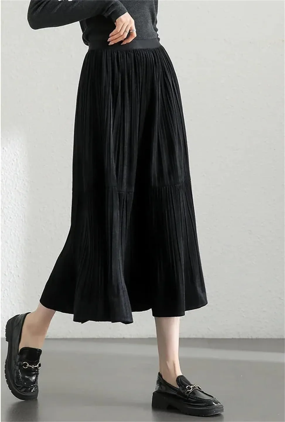 WomenS Fleece A-Line Midi Skirt Elegant Elastic Waist Folds Cake Skirt Loose Fit Casual Skirt