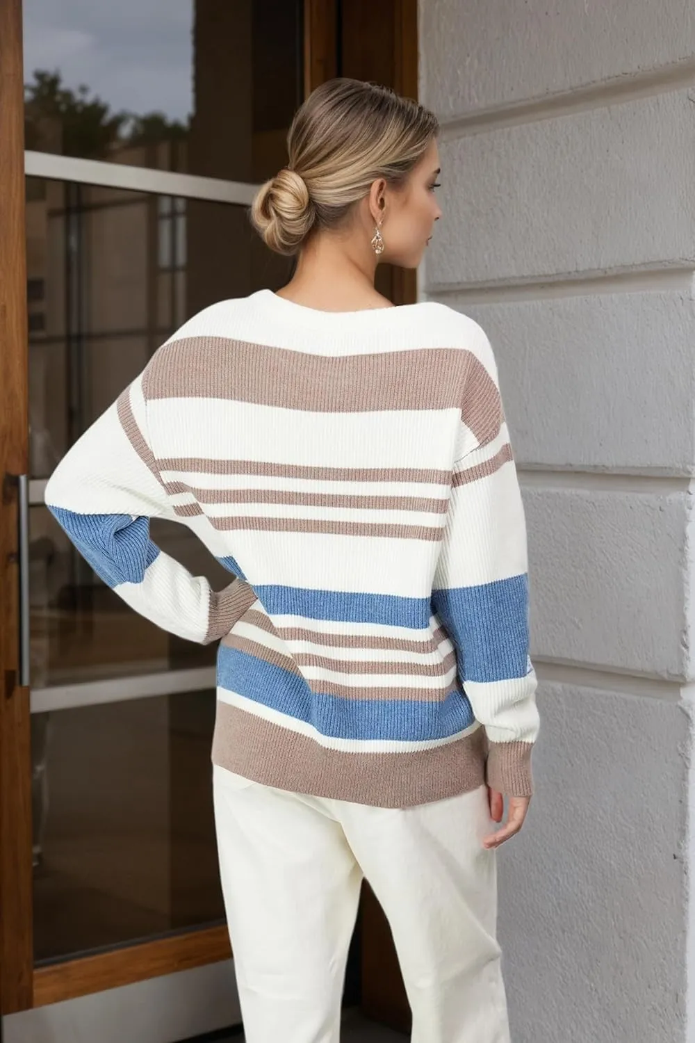 Women's Luxurious Striped Sweater Cozy-Chic Off Shoulder Pullover Buttery Soft Knitwear for Date Nights & Coffee Runs