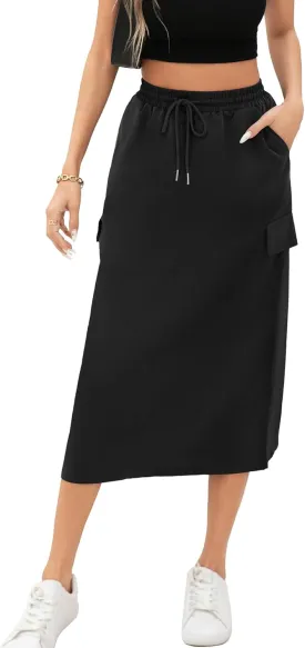 Women's Midi Cargo Skirt High Waist Drawstring Summer Slit Dressy Casual Skirts with Pockets Women's Midi Cargo Skirt High Waist Drawstring Summer Slit Dressy Casual Skirts with Pockets