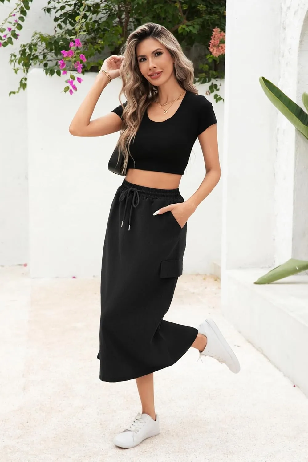 Women's Midi Cargo Skirt High Waist Drawstring Summer Slit Dressy Casual Skirts with Pockets