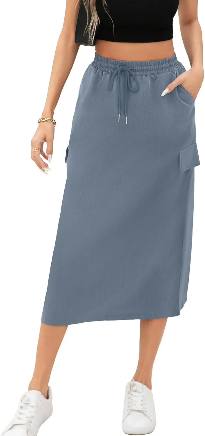 Women's Midi Cargo Skirt High Waist Drawstring Summer Slit Dressy Casual Skirts with Pockets
