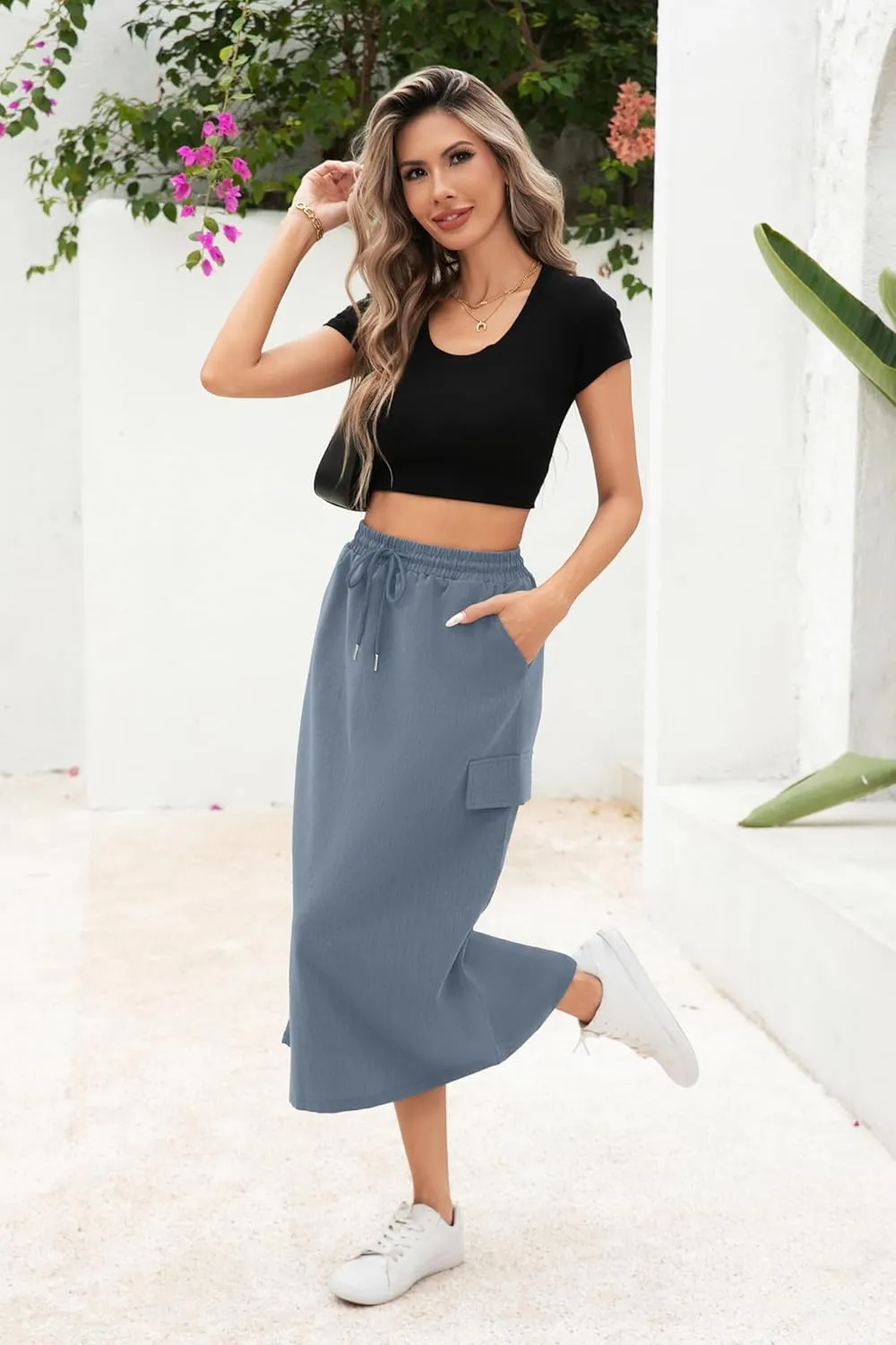 Women's Midi Cargo Skirt High Waist Drawstring Summer Slit Dressy Casual Skirts with Pockets