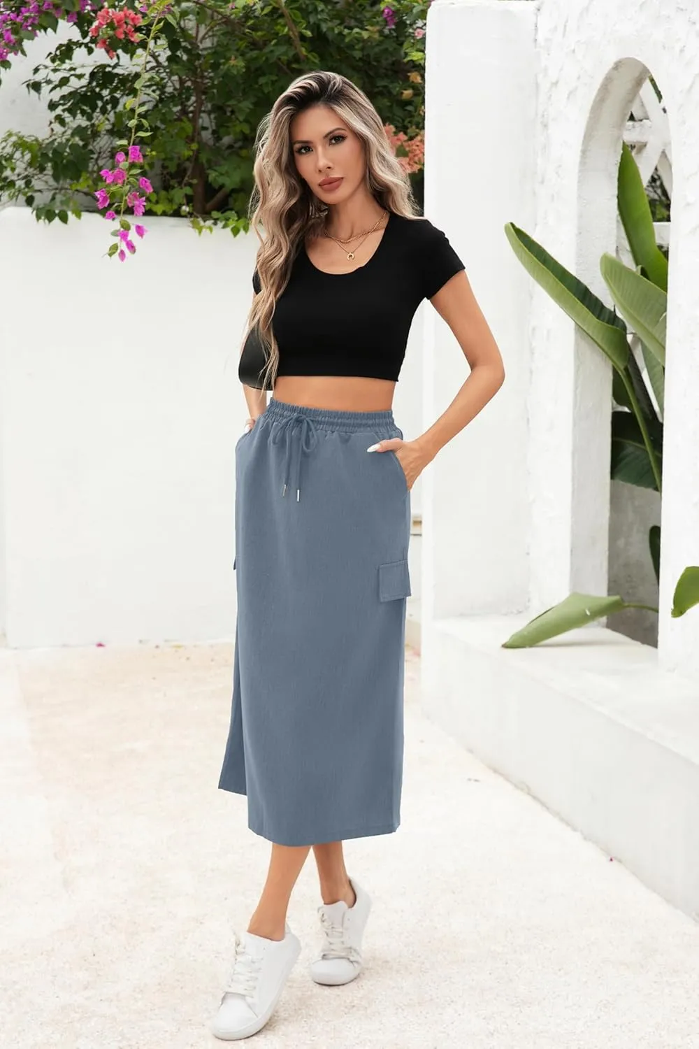 Women's Midi Cargo Skirt High Waist Drawstring Summer Slit Dressy Casual Skirts with Pockets