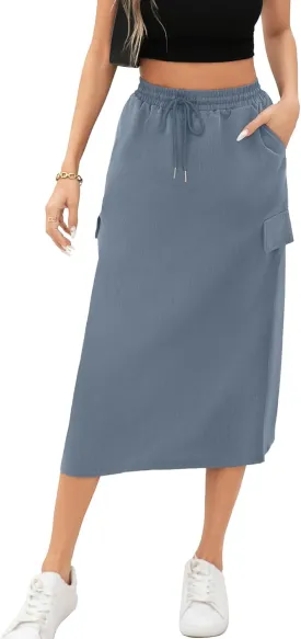 Women's Midi Cargo Skirt High Waist Drawstring Summer Slit Dressy Casual Skirts with Pockets Women's Midi Cargo Skirt High Waist Drawstring Summer Slit Dressy Casual Skirts with Pockets