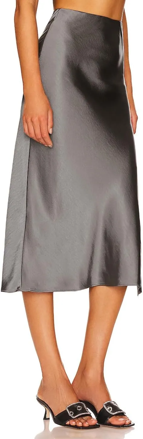 Womens Satin Midi Skirt Elastic High Waist Silky A Line Slit Skirts