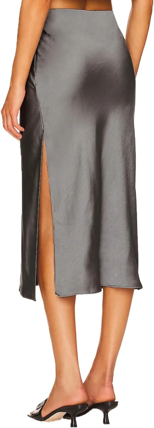 Womens Satin Midi Skirt Elastic High Waist Silky A Line Slit Skirts