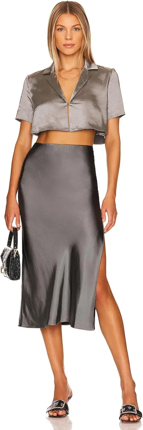 Womens Satin Midi Skirt Elastic High Waist Silky A Line Slit Skirts