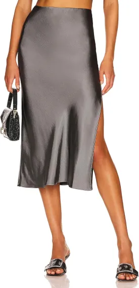 Womens Satin Midi Skirt Elastic High Waist Silky A Line Slit Skirts