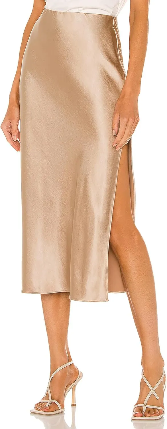 Women's Satin Midi Skirts Silky Elastic High Waist A Line Slit Skirt