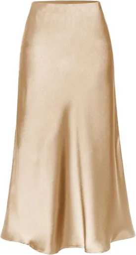 Women's Satin Midi Skirts Silky Elastic High Waist A Line Slit Skirt Women's Satin Midi Skirts Silky Elastic High Waist A Line Slit Skirt