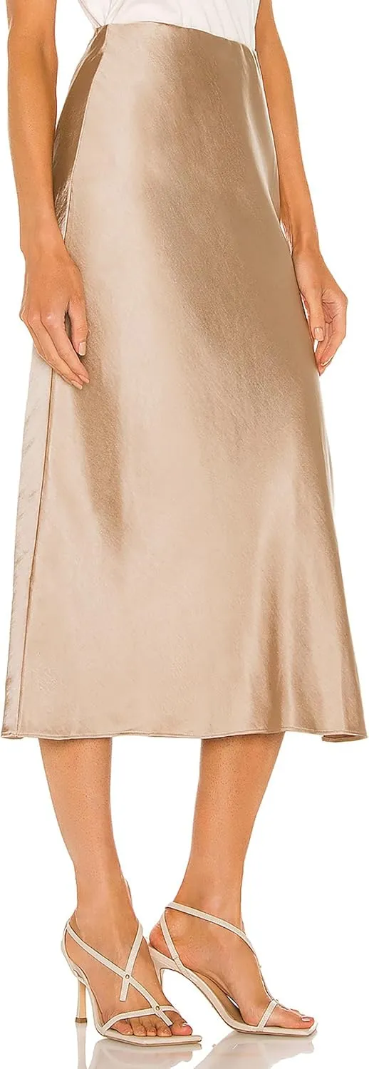 Women's Satin Midi Skirts Silky Elastic High Waist A Line Slit Skirt