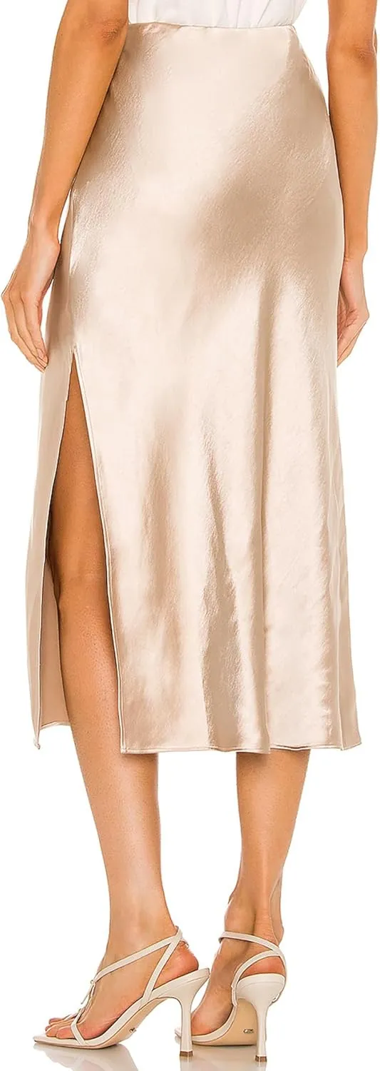 Women's Satin Midi Skirts Silky Elastic High Waist A Line Slit Skirt