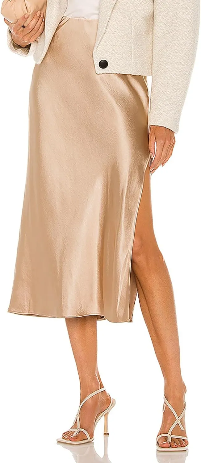 Women's Satin Midi Skirts Silky Elastic High Waist A Line Slit Skirt