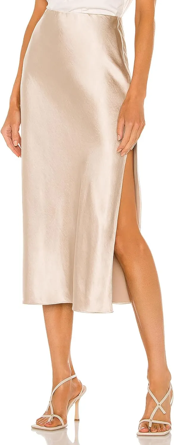 Women's Satin Midi Skirts Silky Elastic High Waist A Line Slit Skirt
