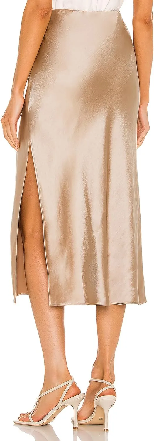 Women's Satin Midi Skirts Silky Elastic High Waist A Line Slit Skirt