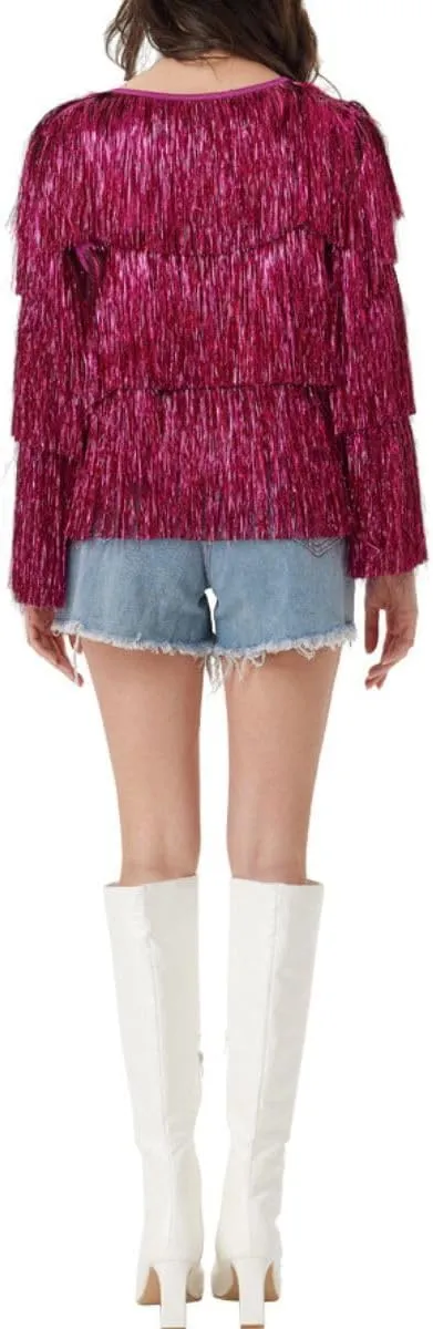 Women's Sequin Fringe Bomber Jackets Sparkly Tassel Hem Long Sleeve Open Front Jacket Outerwear Y2K Streetwear