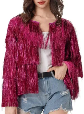 Women's Sequin Fringe Bomber Jackets Sparkly Tassel Hem Long Sleeve Open Front Jacket Outerwear Y2K Streetwear