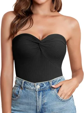 Womens Strapless Crop Top Twist Knot Front Bandeau Ribbed cuted Y2K Strapless Tank Summer Vacation Tops Corset