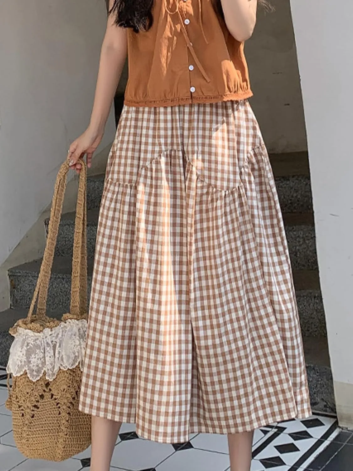 Women's Summer High Waist Plaid Gingham Skirt Casual Swing A Line Midi Skirt