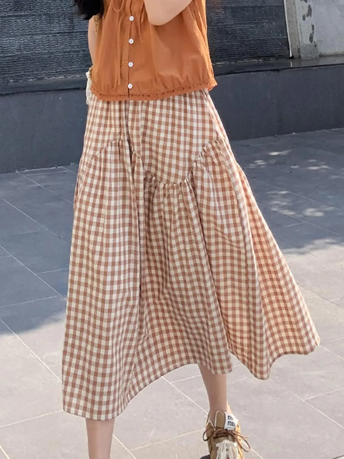 Women's Summer High Waist Plaid Gingham Skirt Casual Swing A Line Midi Skirt