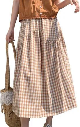 Women's Summer High Waist Plaid Gingham Skirt Casual Swing A Line Midi Skirt Women's Summer High Waist Plaid Gingham Skirt Casual Swing A Line Midi Skirt