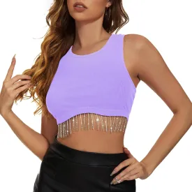 Zando Women Fringe Rhinestone Top Sparkly Sexy Concert Outfit Crop Tank Top Sleeveless Round Neck Fitted Tees