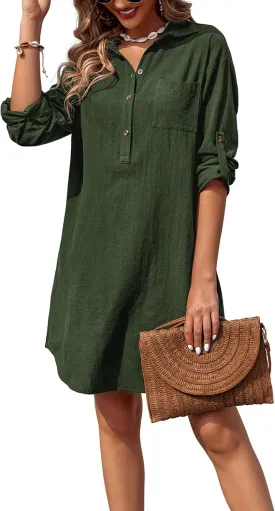Zeagoo Women Summer Dress Cotton Linen Shirt Dress Button Down Tunic Dress Beach Cover Up Dress