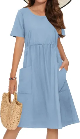 Zeagoo Womens Summer Midi Dress Casual Short Sleeve A-Line Cotton Linen Dress Flowly Beach Tunic Sundresses with Pockets 2025 Zeagoo Womens Summer Midi Dress Casual Short Sleeve A-Line Cotton Linen Dress Flowly Beach Tunic Sundresses with Pockets 2025