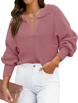 ZESICA Women's Fall Lapel Collar V Neck Long Sleeve Ribbed Knit Comfy Loose Casual Pullover Sweater Jumper Top
